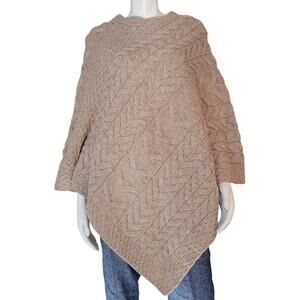 Kilronan Knitwear Merino Wool Ireland Cable Knit Wicker Poncho Shawl Tan M/L